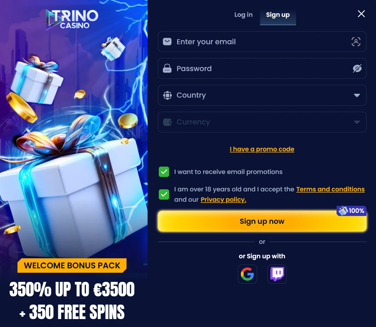 Login and Registration at Trino Casino