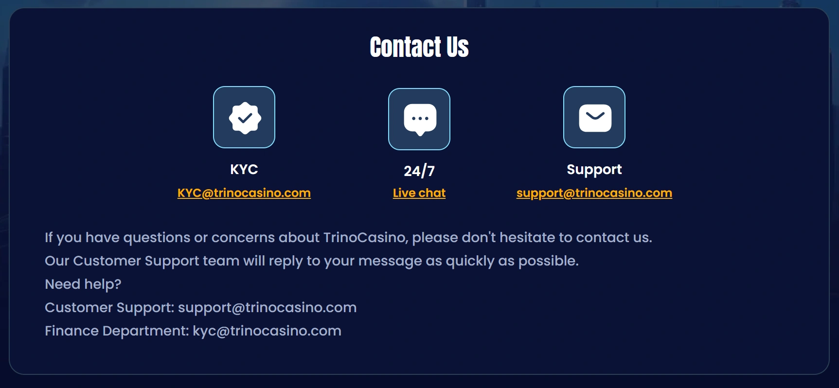Customer Support at Trino Casino